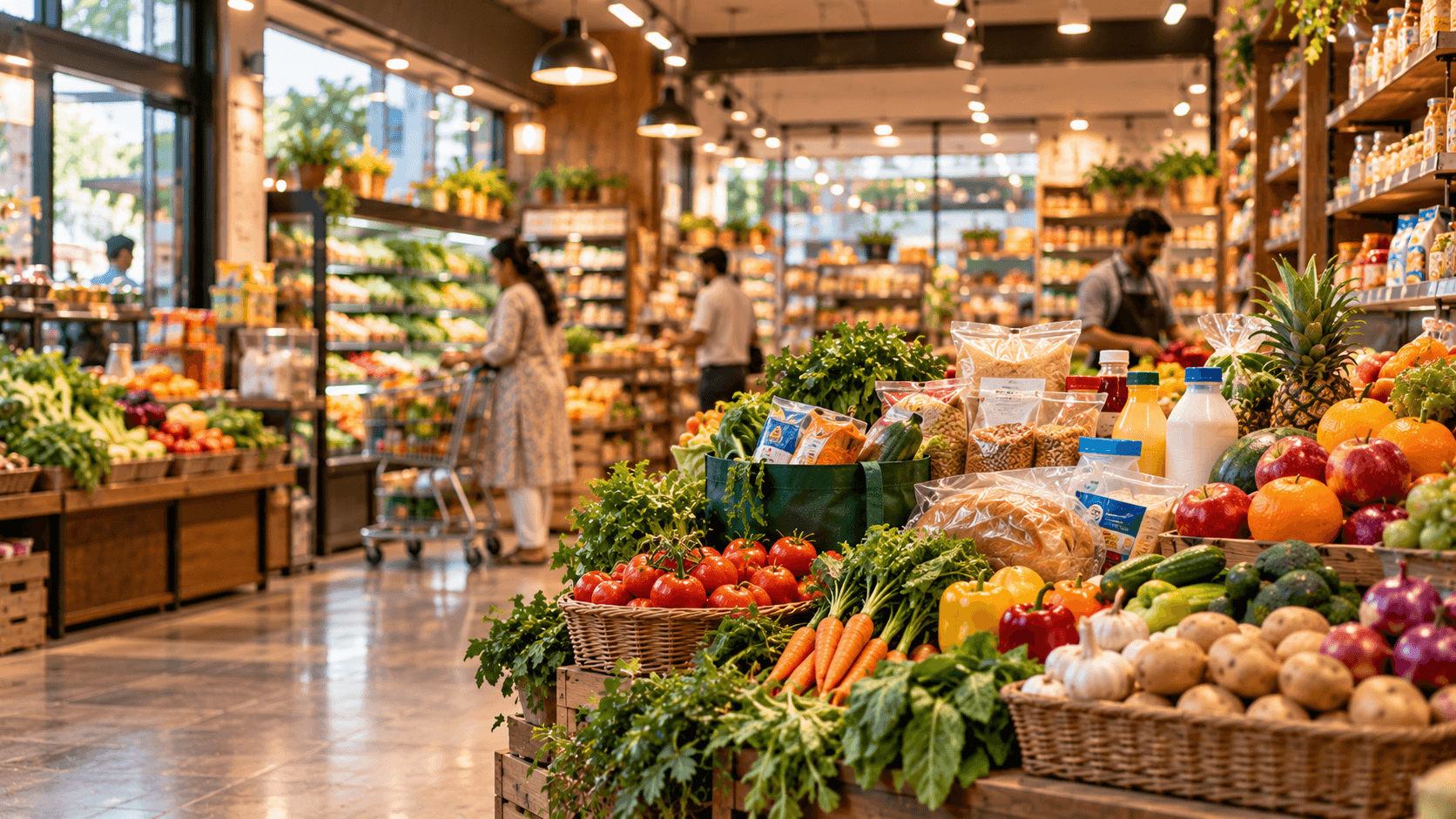 A bright neighbourhood grocery store with baskets of fresh produce in the foreground and shoppers browsing the aisles.