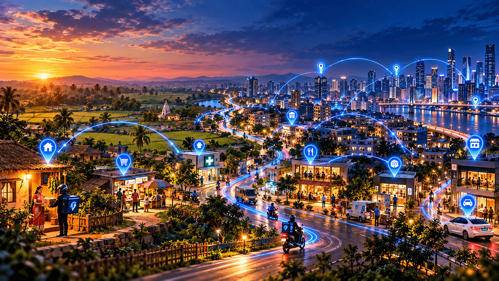 Zappmit's connected-city network at dusk — local stores, restaurants, and riders linked across a neighbourhood.