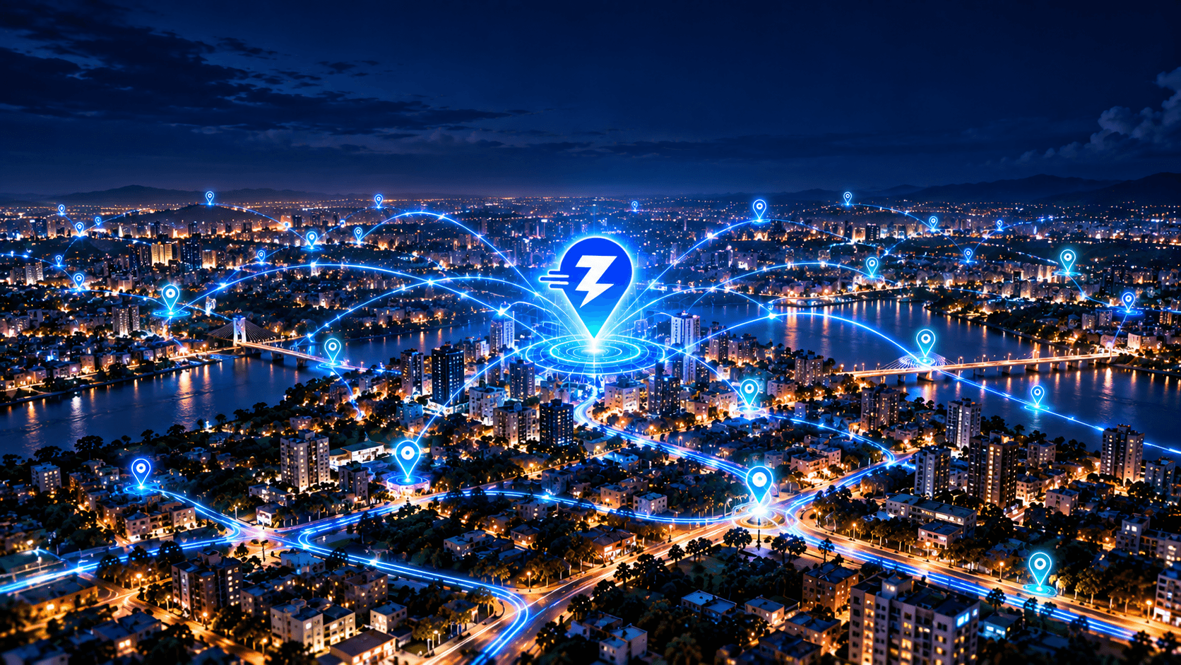 A city at night with glowing Zappmit location pins and routes linking neighbourhoods around a central Zappmit marker.