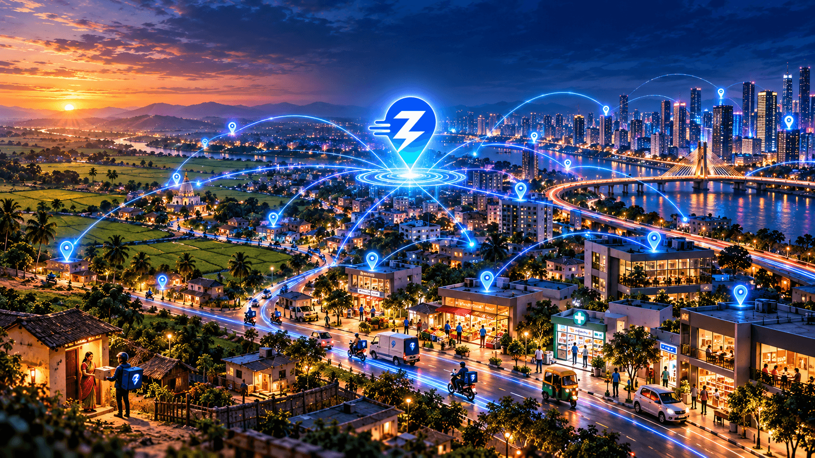 A city at night with local stores, restaurants and riders linked together across the neighbourhood, representing the Zappmit connected-city network.