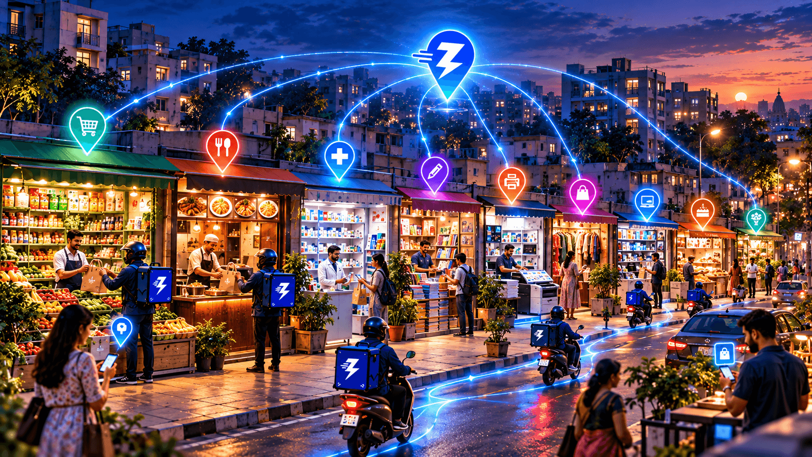 A neighbourhood street of local shops at dusk — grocery, food, pharmacy, stationery and printing — linked by glowing location pins, with delivery riders moving between them.