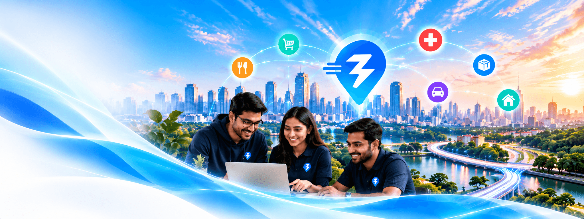 Three people in Zappmit-branded clothing working together at a laptop, with a city skyline and connected service icons behind them.