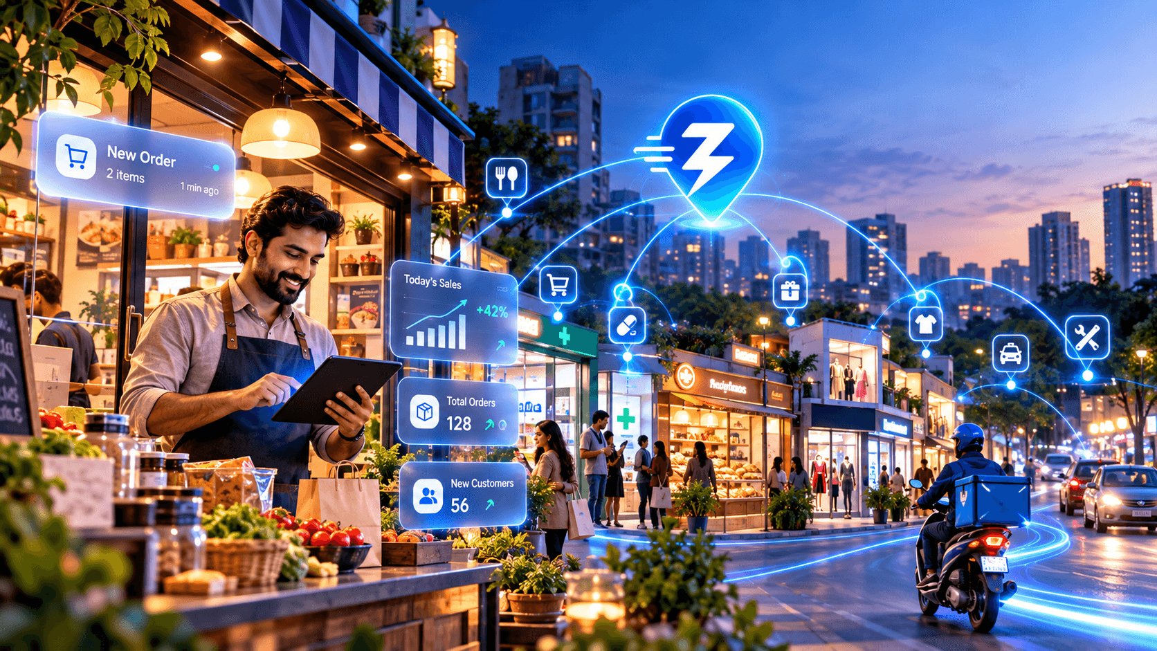 A shop owner managing Zappmit orders on a tablet outside their store, with the connected-city network and a Zappmit rider on the street beyond.