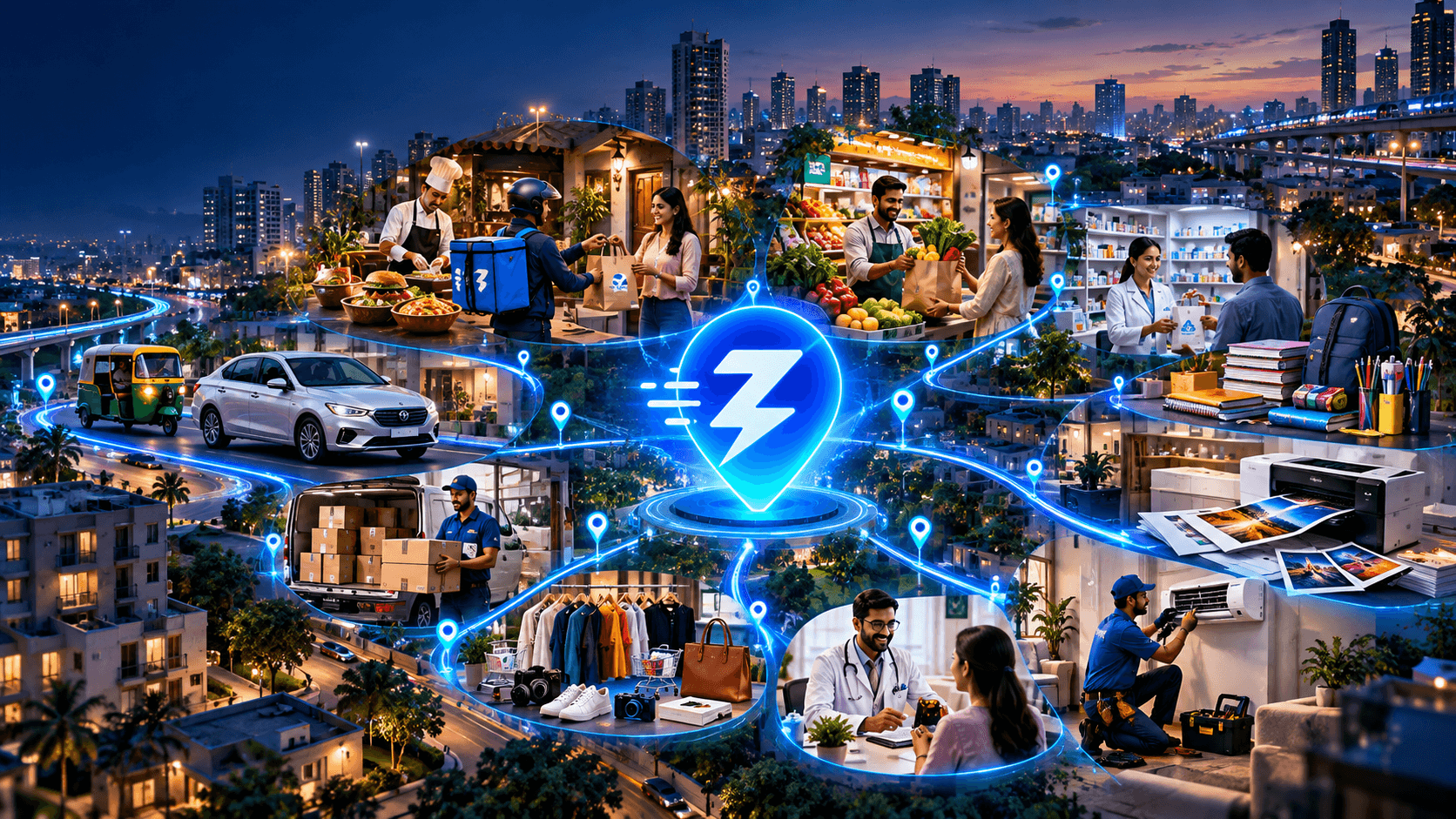 Illustrative artwork of the Zappmit ecosystem — restaurants, grocery, pharmacy, stationery, printing, parcel, home services, doctors and cabs connected across a city around the Zappmit symbol.